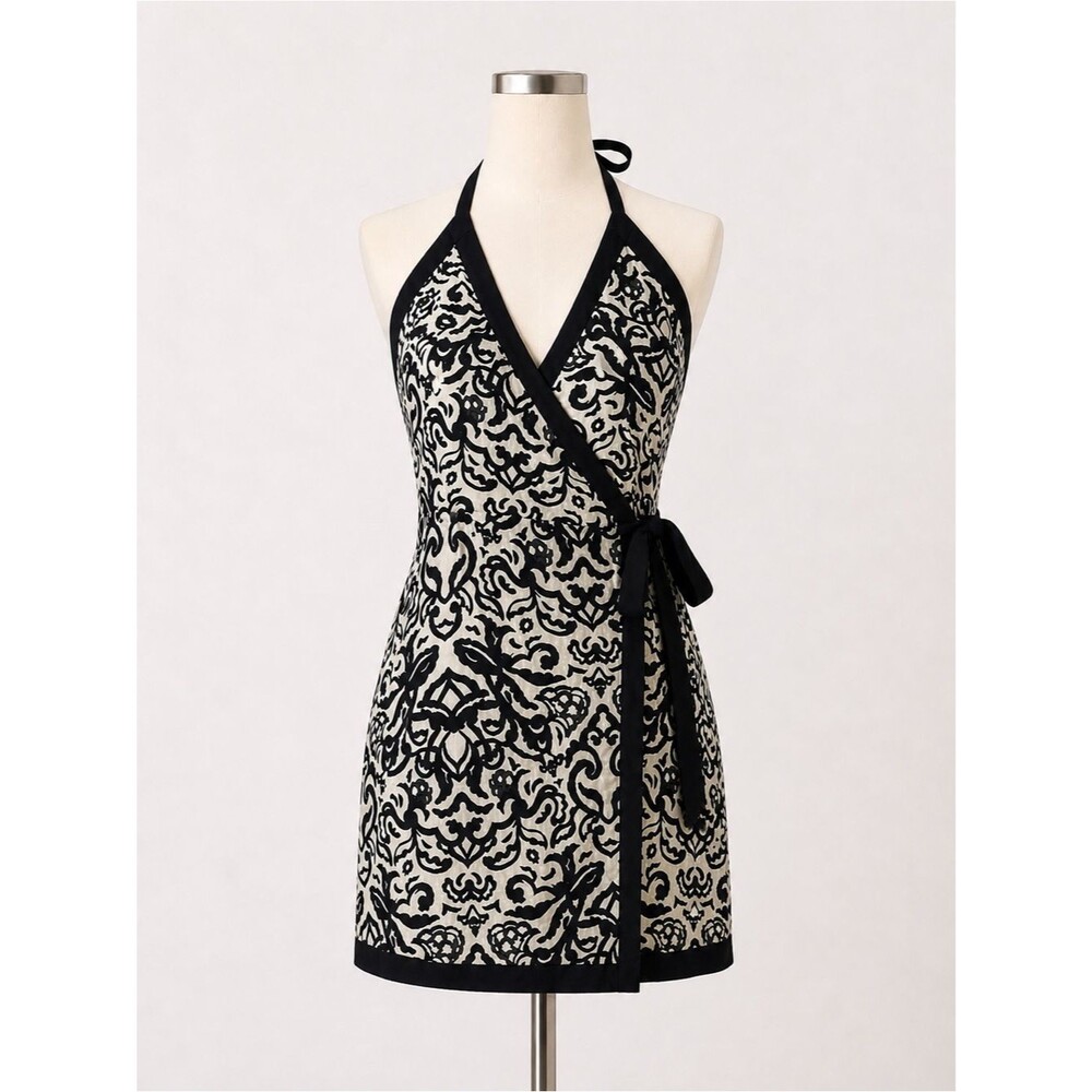 French Connection Linen Blend Wrap Halter Mini Dress Black Tan Damask XXS 2 NEW